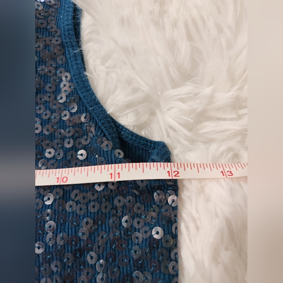 Express Teal Sequin Front Ribbed Tank Top - Picture 3 of 4